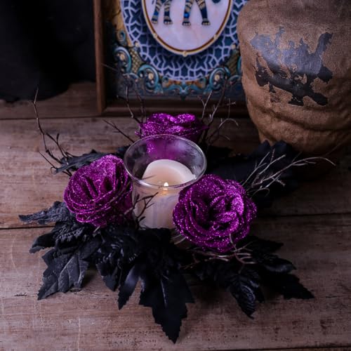 Halloween Candle Ring Wreath Artificial Purple Flowers Black Maple Leaves 9.84"