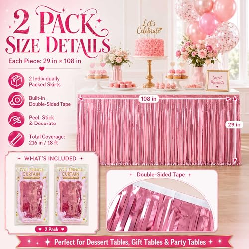 Pink Foil Fringe Table Skirt - 2 Pack, 29x108 Inch Party Decor