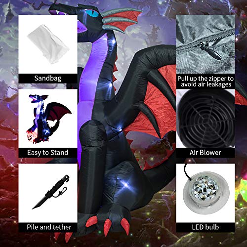 Halloween Inflatable Dragon Decoration - 8Ft Huge Outdoor Blow Up Yard Decor - Black & Green with LED Lights - Variation: 8FT Huge Dragon
