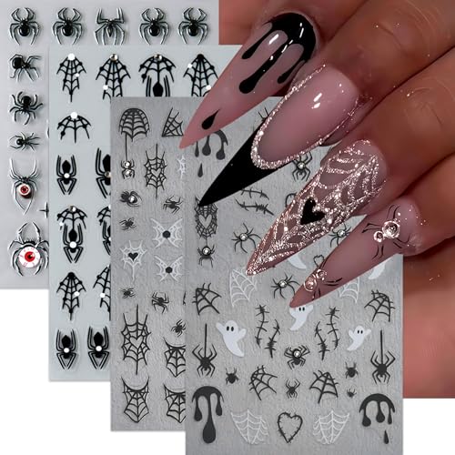 Halloween Crystal Diamonds Spider Web Nail Stickers - Self-Adhesive 3D Decals, Ghost & Bloody Design, 4 Sheets