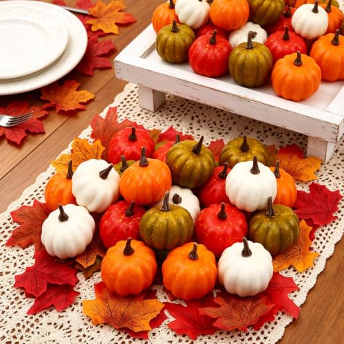 Mini Artificial Pumpkins with Realistic Leaves - Fall Decor Set, Yellow & Green