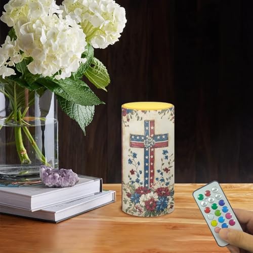 Flameless Candle with Cross American Flag Floral Print - Patriotic 4th of July Decor - Remote Control