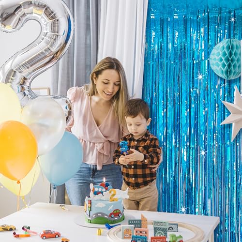 Blue Tinsel Curtain Party Backdrop 2 Pack - Glitter Foil Fringe Decorations for Events