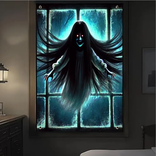 Halloween Floating Ghost Window Cover - 31x47 Inch Polyester, Ghost Girl Variation