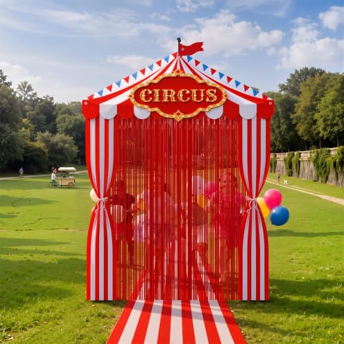 Circus Carnival Party Decorations Set with Red Fringe Curtain and Banners