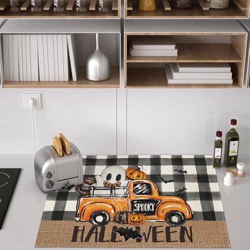 Ghost Truck Halloween Placemats - 24x36 Inch Rectangular Table Mats for Kitchen & Dining, Black & Beige