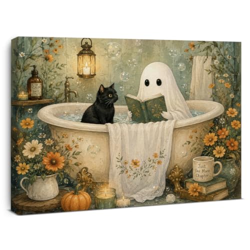 Halloween Bathroom Wall Art Decor H19 Spooky Ghost Black Cat Bathtub Canvas Wall Decoration