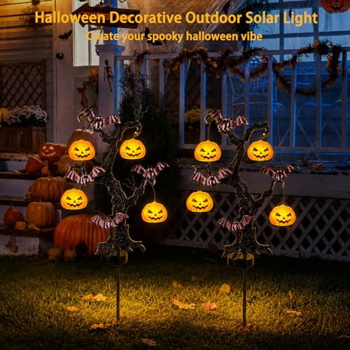 Halloween Solar Stake Lights - 2-Pack 3D Pumpkin & Iron Bat Outdoor Garden Decor - Yellow Variation