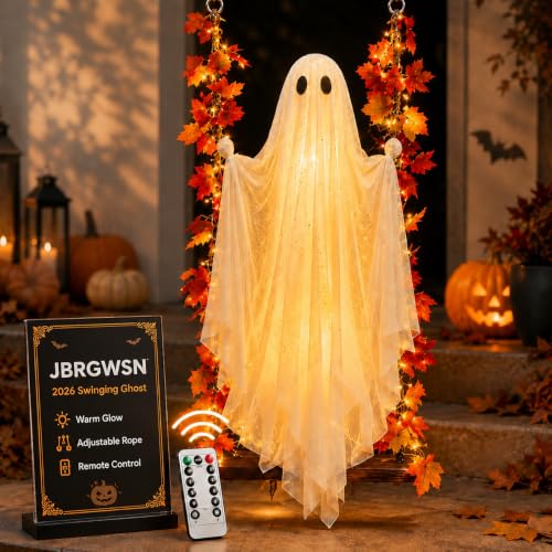 Halloween Decorations Light Up Swinging Ghost on Swing - 6.6 Ft Outdoor Porch Accent with Maple Leaves - Variation 30