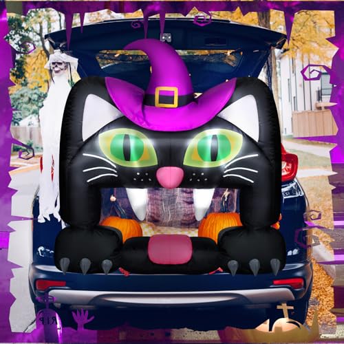 Halloween Inflatable Cat Car Decoration - 4.3FT LED Trunk or Treat Decor - Black & Green