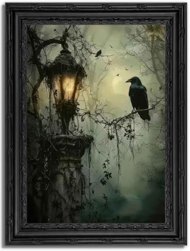 Black Raven Wall Art with Frame - Gothic Dark Academia Canvas Poster - 16x12in