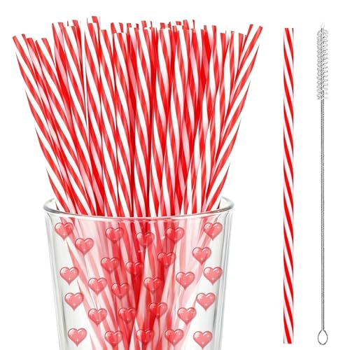 Reusable Candy Cane Straws Set - Red & White Holiday Drinking Straws, 25 Pack