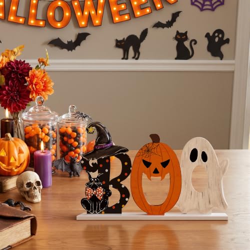 Smile Halloween Wooden Standing Decor Set Ghost Pumpkin Black Cat Letter Boo