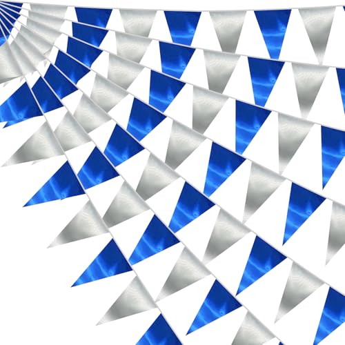 Navy Blue Silver Triangle Pennant Banner - 130FT Nautical Party Decorations Set - Reusable Fabric Bunting for Weddings, Birthdays, Celebrations