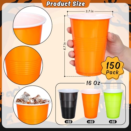 Halloween 16oz Disposable Plastic Cups - Black, Orange, Green, Pack of 150
