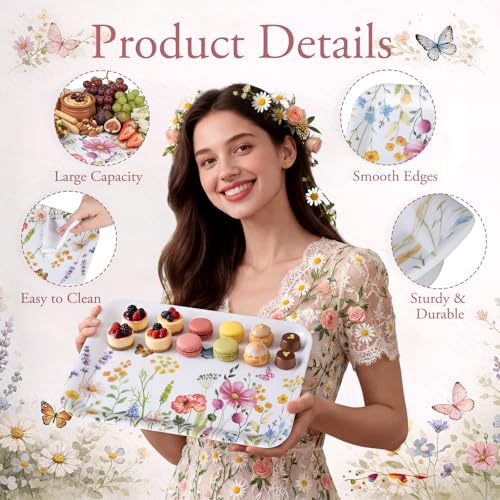 4-Pack Wildflower Melamine Serving Trays - Rectangular Floral Platters for Parties & Home Decor