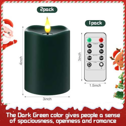 Retisee Flameless LED Candles with Remote, Real Wax, Dark Green, 3x4 Inches - Pack of 2