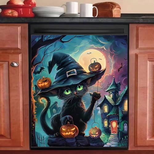 Halloween Pumpkin Theme Magnetic Dishwasher Cover - Black Cat Kitchen Decor 23" x 26"