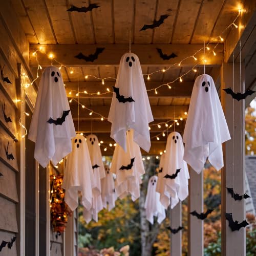 Halloween Hanging Ghosts and Bats Decoration Set with LED String Lights - Indoor Outdoor Festive Decor