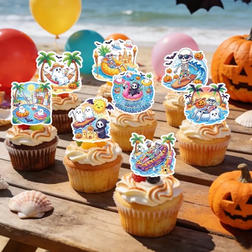 Summer Ween Cupcake Toppers 48PCS Halloween Party Decorations with Surfing Skeletons