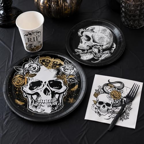 Gothic Halloween Party Tableware Set for 24 Guests - Disposable Plates Cups Napkins & Tablecloth
