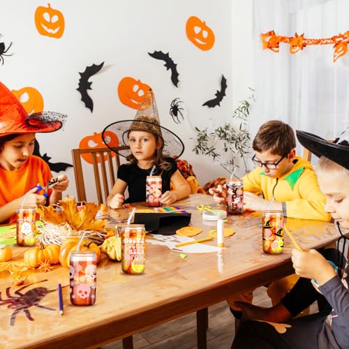 Halloween Ghost Glass Cups with Lids & Straws - 6 Pack, 16 oz - Pink Ghost Variation