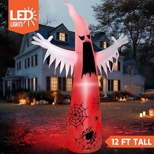 12 ft Halloween Inflatable Ghost Yard Decoration with Flashing Flame Light - Outdoor Spooky Decor