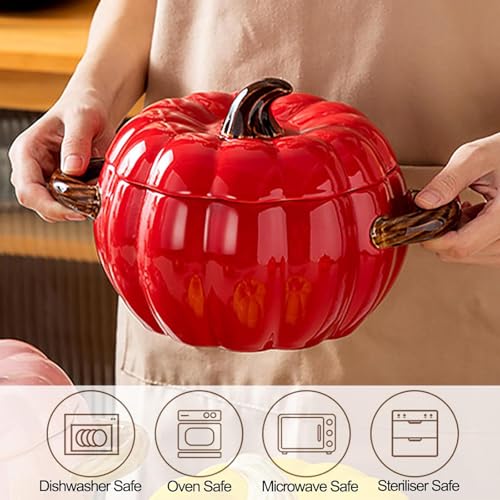 Dutch Oven Pot with Lid - Pumpkin Ceramic Casserole & Baking Dish - Red - Mini Dessert Saucepan