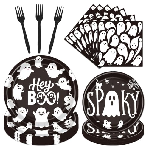 Halloween Ghost Party Decorations - 96 Pcs Black Spooky Tableware Set - Variation of Black Spooky
