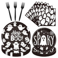 Halloween Ghost Party Decorations - 96 Pcs Black Spooky Tableware Set - Variation of Black Spooky