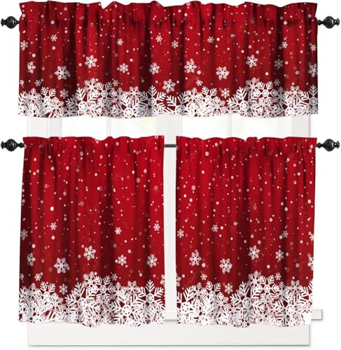 Christmas Curtains Valances Set 3 Pieces - Red Snowflake Holiday Window Decor 27"W x 24"L