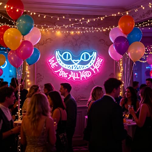Pink We Are All Mad Here Neon Sign for Wall Decor, Party & Wedding Decoration, Cat LED Light, Personalized Gift