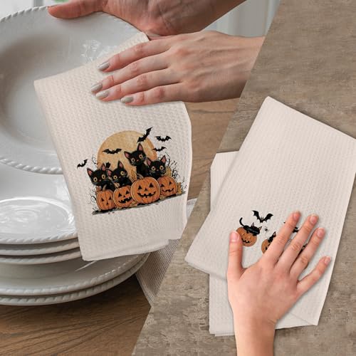 Black Bat Pumpkin Halloween Kitchen Hand Towels Set of 2 - Fall Bathroom Decor