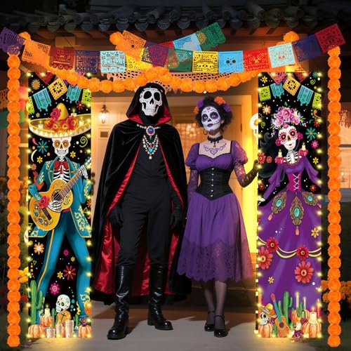 Day of the Dead Decorations Set with LED Banners & Marigolds - Halloween Festival Decor