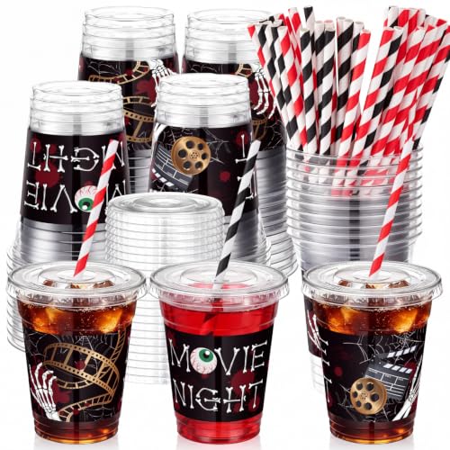 Horror Movie Night Plastic Cups with Lids & Straws - Black & Red Variation