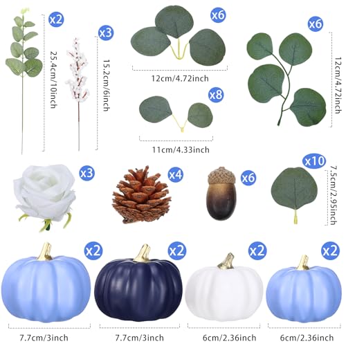 Artificial Fall Pumpkin & Eucalyptus Leaves Decor Set - Blue & White - 56 Pieces