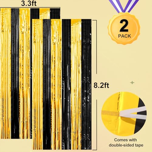 Black & Gold Foil Curtain Decoration Set - 2 Pack, 3.3ft x 8.2ft Party Streamers