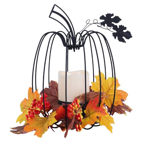 Black Pumpkin Lantern Candle Holder for Fall Decor, Indoor & Outdoor Wrought Iron