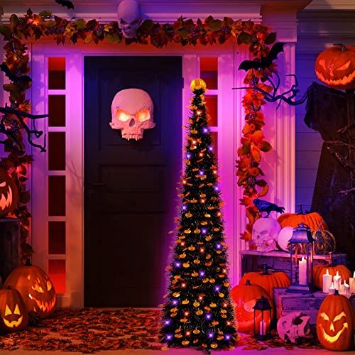 Black Tinsel Halloween Tree with Lights, Pumpkins & Timer - Indoor Decor