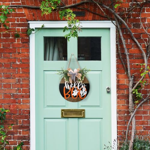 Cute Ghost Halloween Door Sign 12 Inch Wreath for Front Door - Farmhouse Halloween Decor with Hanging Rope - Variation: 12x12 Inches