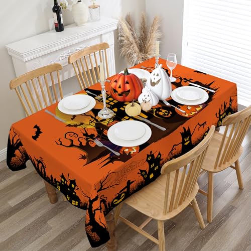 Halloween Square Tablecloth 52x52 Inches with Jack's Lantern Design - Orange Castle Variation