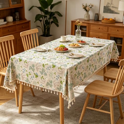 Large Boho Floral Tablecloth 55×102 Inch Cotton Linen Rectangular Cover with Tassels - Pastel Floral Multi