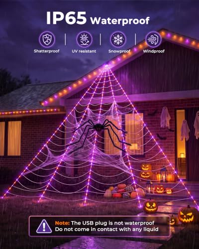 Halloween Outdoor Decorations Giant Spider Web Lights - Orange & Purple, 255 LEDs, 8 Modes