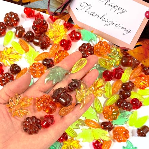 Thanksgiving Fall Vase Filler Set - 140Pcs Acrylic Pumpkins Acorns Leaves & Gems