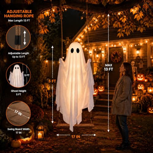 Lighted 5FT Outdoor Swinging Ghost Decor with Witch Hat - Halloween Yard Display