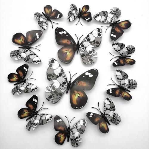 Halloween Wall Decals 12-Pack 3D Skull Butterfly Stickers for Festive Decor