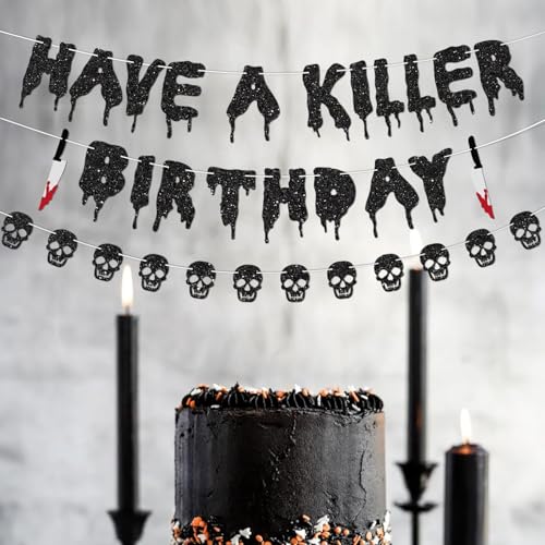 Halloween Birthday Banner Set with Skull Glitter Decorations for Haunted House Party