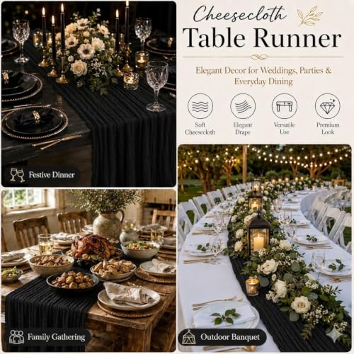 Black Cheesecloth Table Runner 6 Pack - 22 x 120 Inch, Elegant Rustic Decor