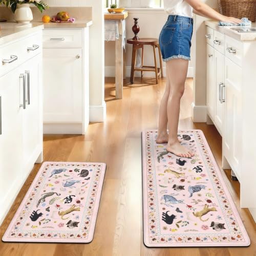 Anti-Fatigue Kitchen Mat Set 2026 - Pink, 17x47 & 17x30 Inches, Non-Slip, Washable, Pumpkin Decor, Halloween Rugs, Spooky Season