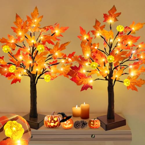 2 Pack Fall Decor 24 Inch Prelit Maple Tree with Pumpkins & LEDs - Timer